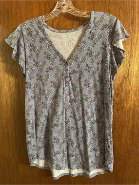 LOFT Light Blue Floral Henley Short Sleeve Top